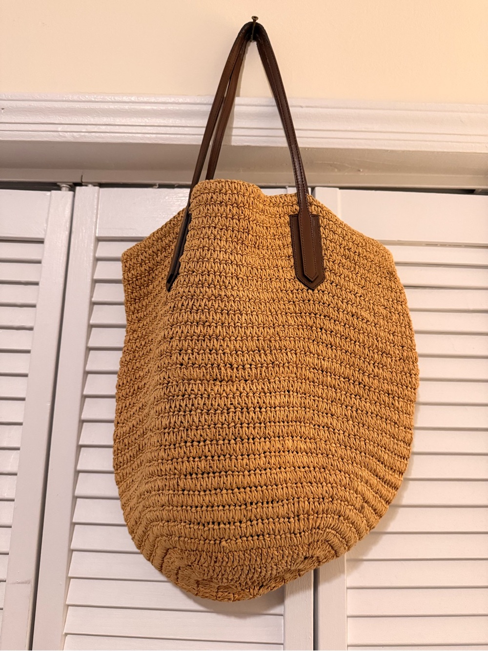J. Crew Woven Straw Tote / Beach Bag with Faux Leather Handles